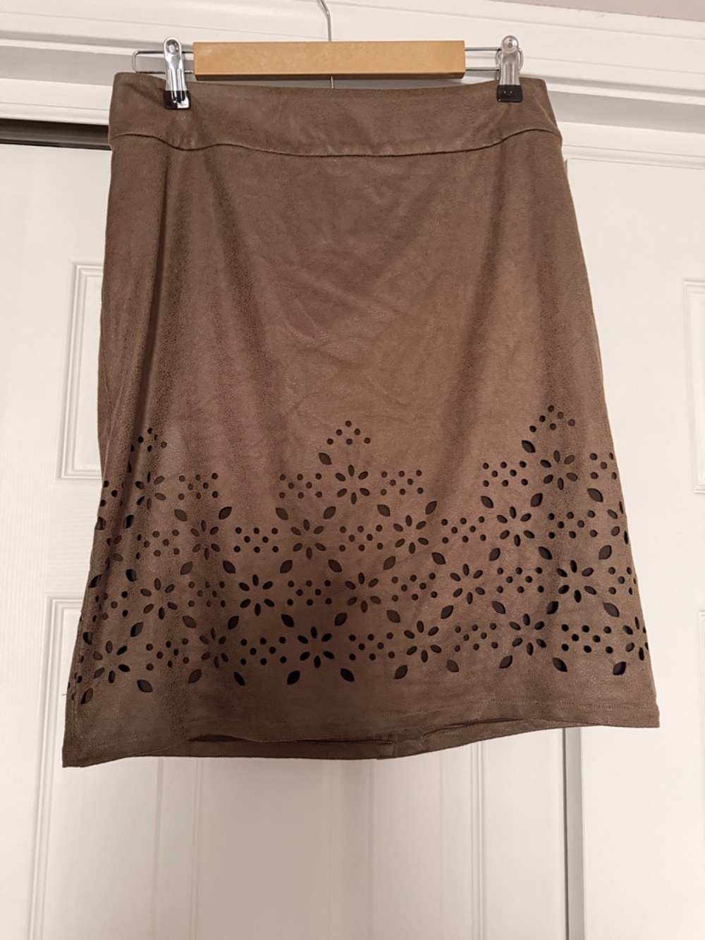 Tribal Brown Faux Suede A-Line Skirt with Laser-Cut Floral Border